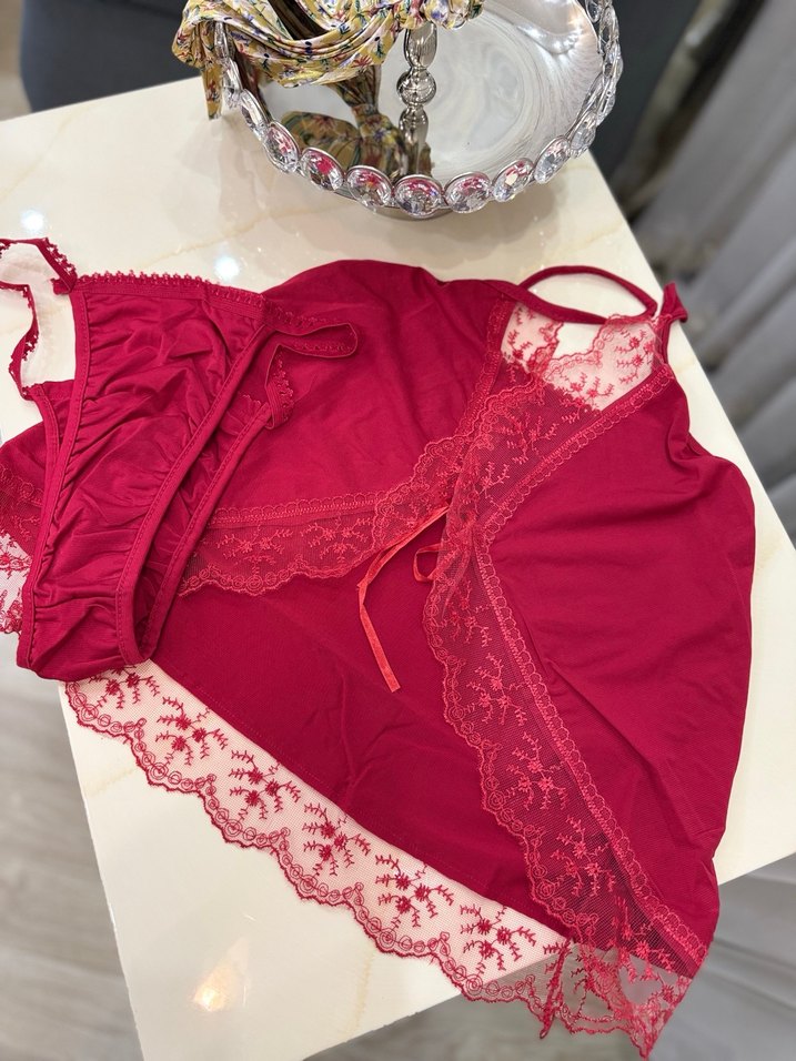 Bordo Dantel Detaylı Bohem Mini Kadın Pijama Takımı - Görsel 3