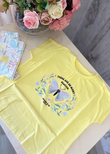 Sarı Baskılı Kız Tişörtü, Kısa Kollu, Pamuk - Görsel 4