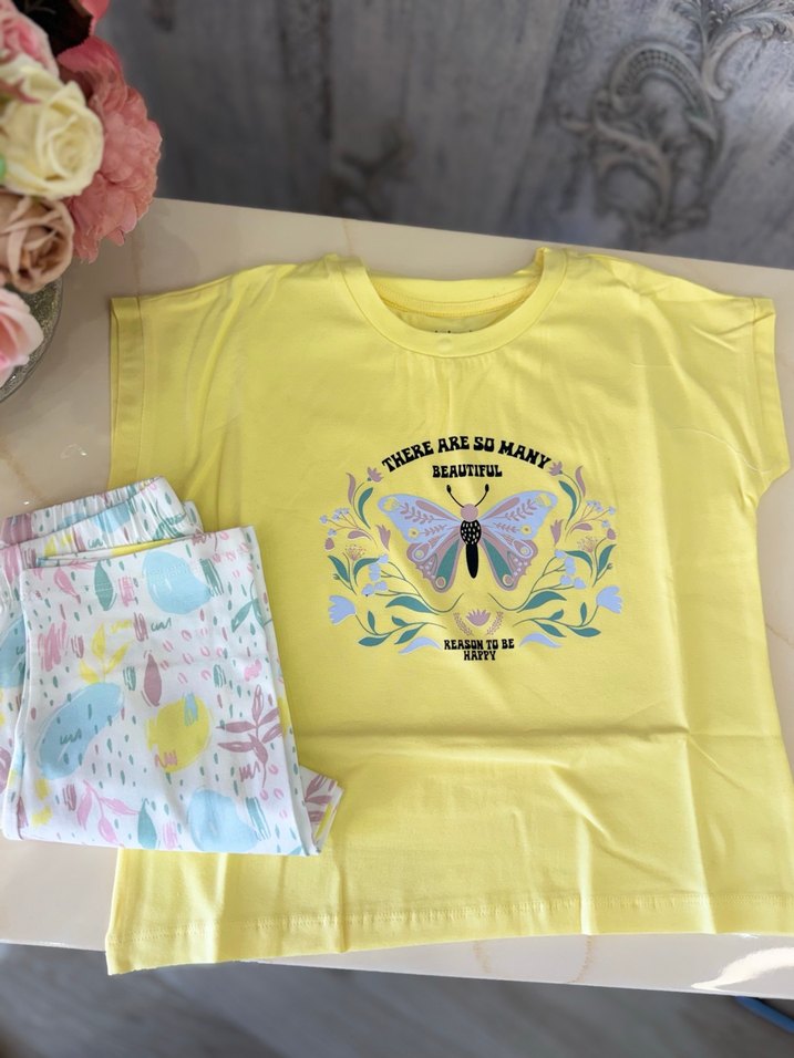 Sarı Baskılı Kız Tişörtü, Kısa Kollu, Pamuk - Görsel 3