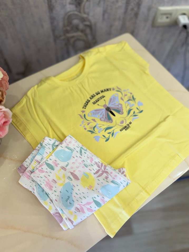 Sarı Baskılı Kız Tişörtü, Kısa Kollu, Pamuk - Görsel 5