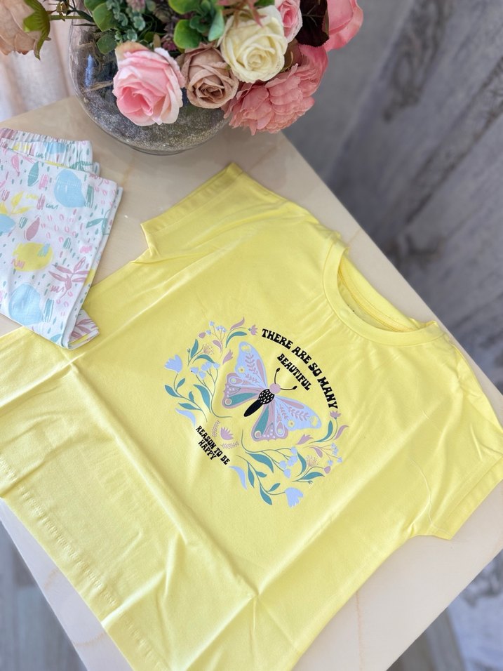 Sarı Baskılı Kız Tişörtü, Kısa Kollu, Pamuk - Görsel 4