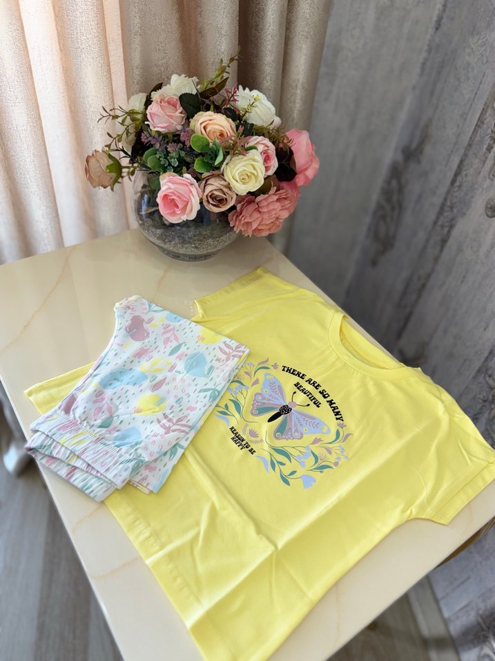 Sarı Baskılı Kız Tişörtü, Kısa Kollu, Pamuk - Görsel 2