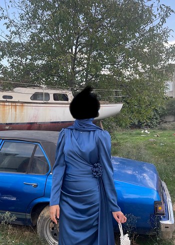 Parlak Mavi Drapeli Uzun Abiye Elbise - Görsel 2