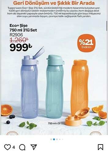 Tupperware eko Slim şişe 750 ml 1 adet fiyatıdır 