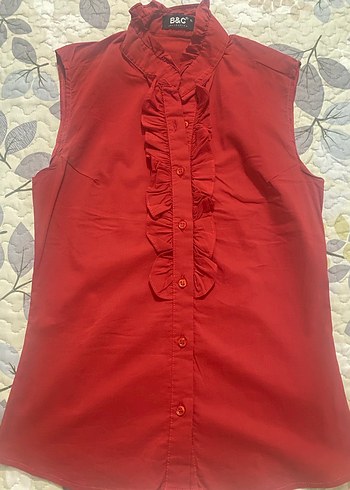 Kırmızı Fırfırlı Kolsuz Kadın Gömlek - Görsel 8