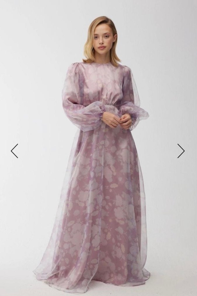 Uzun Mor Bağlama Desenli Dökümlü Kadın Abiye - Görsel 2