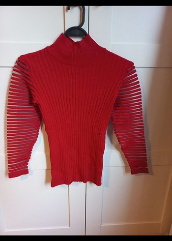 Kırmızı Pilili Kadın Triko Kazak - Görsel 2