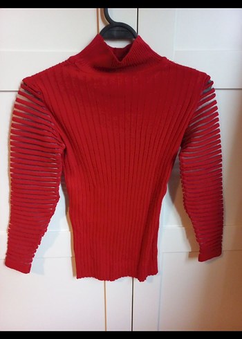 Kırmızı Pilili Kadın Triko Kazak - Görsel 3