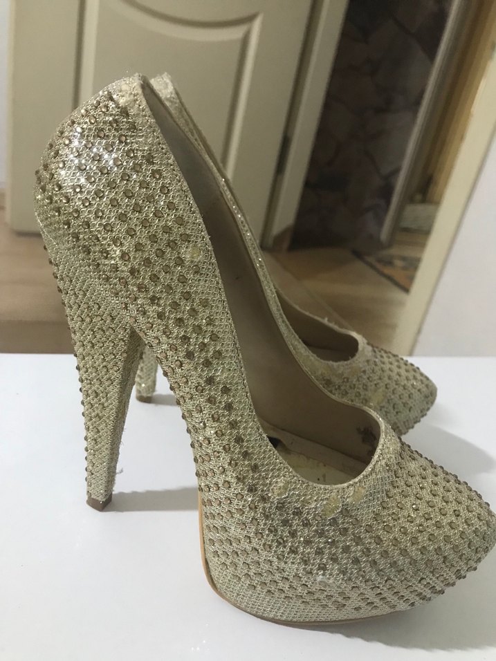 Bej Simli Platform Topuklu Kadın Abiye Ayakkabı - Görsel 2