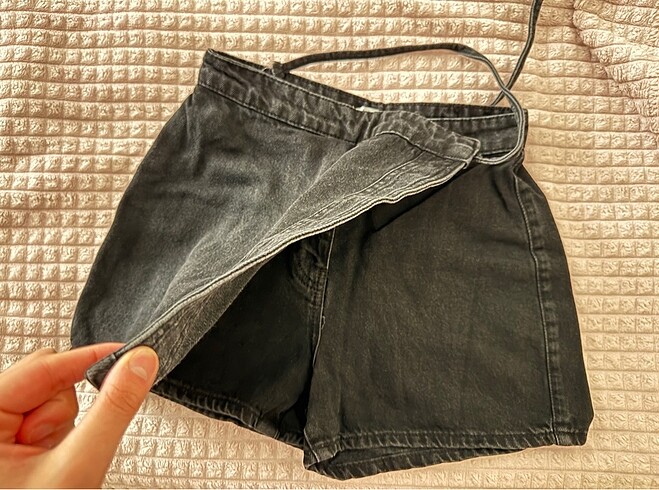 36 Beden siyah Renk Bağlamalı siyah denim şort etek