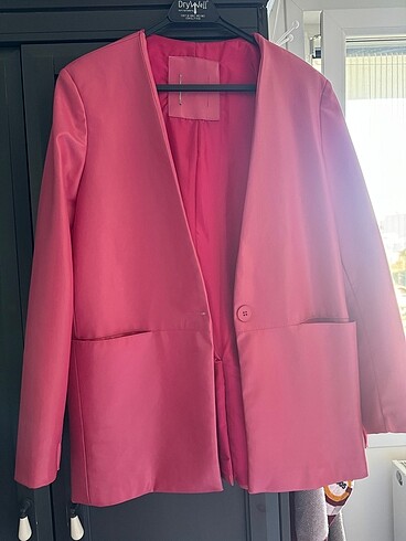 Fuşya pembe suni deri blazer ceket