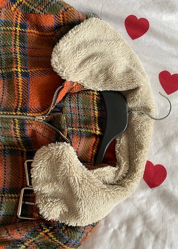 Kahverengi Ekose Desenli Kürklü Kadın Ceket - Görsel 2