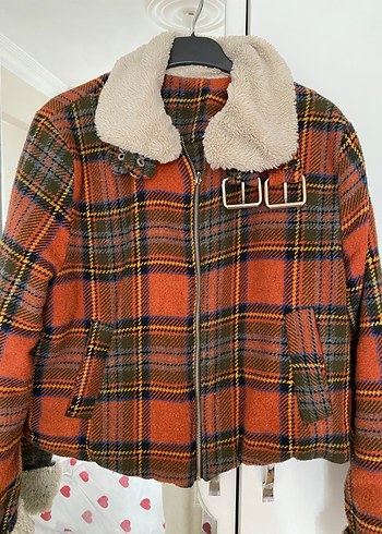 Kahverengi Ekose Desenli Kürklü Kadın Ceket - Görsel 5