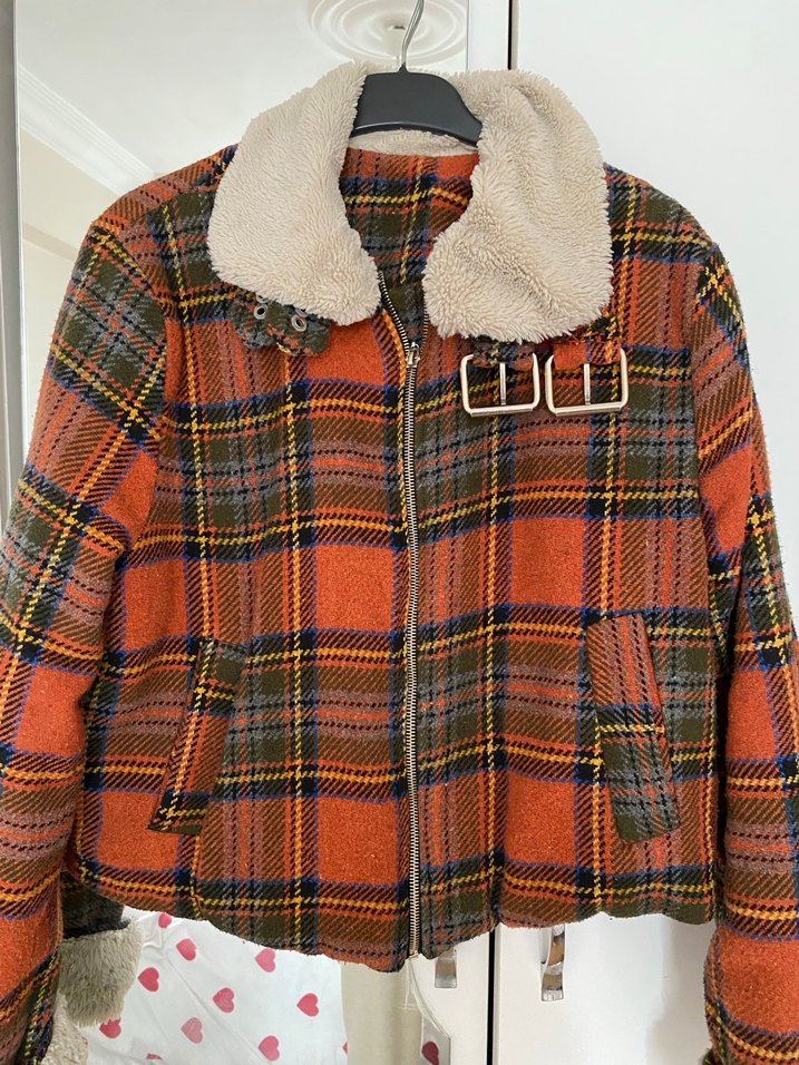 Kahverengi Ekose Desenli Kürklü Kadın Ceket - Görsel 5