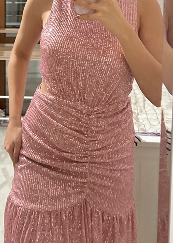 Pullu Pembe Midi Abiye Elbise - Görsel 2