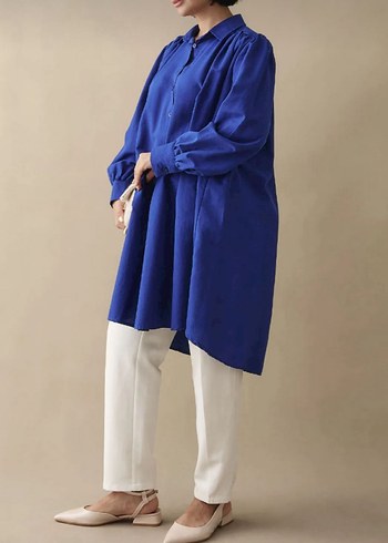 Parlak Mavi Keten Tunik büyük beden oversize
