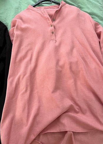 Düğmeli Keten Pembe Kadın Gömlek oversize büyük beden