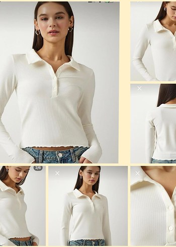 New Look marka Kadın Beyaz Uzun Kollu Polo Yaka Bluz - Görsel 7