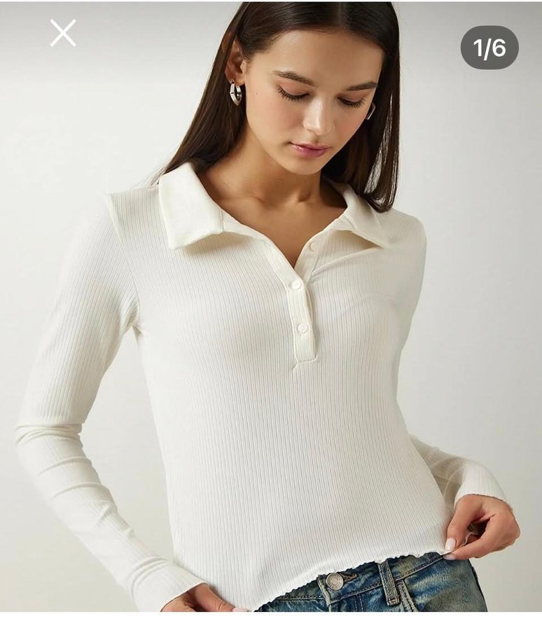 New Look marka Kadın Beyaz Uzun Kollu Polo Yaka Bluz - Görsel 5