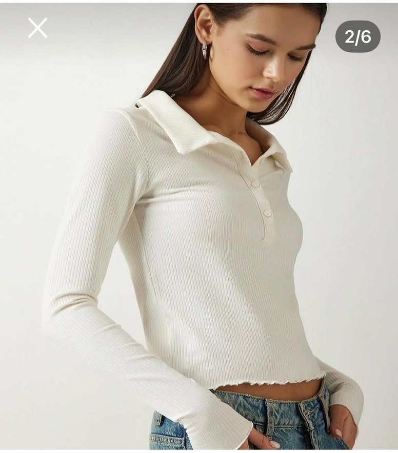 New Look marka Kadın Beyaz Uzun Kollu Polo Yaka Bluz - Görsel 3