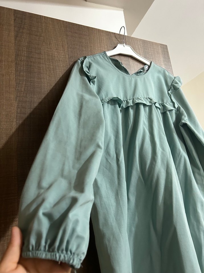 Uzun Kollu Turkuaz Keten Tunik - Görsel 2