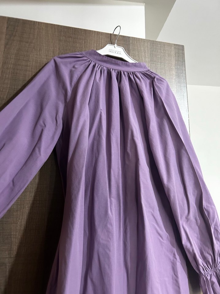 Uzun Mor Keten Kadın Tunik V Yaka - Görsel 2