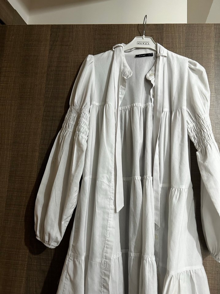 Beyaz Keten Hamile Bluzu, Fırfırlı, Bohem - Görsel 3