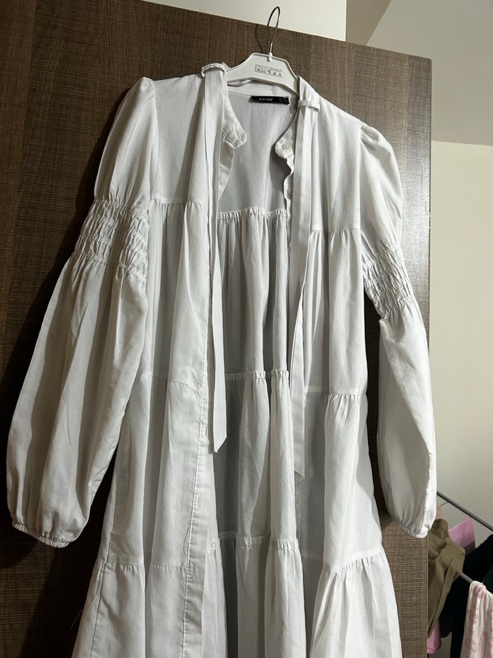 Beyaz Keten Hamile Bluzu, Fırfırlı, Bohem - Görsel 4