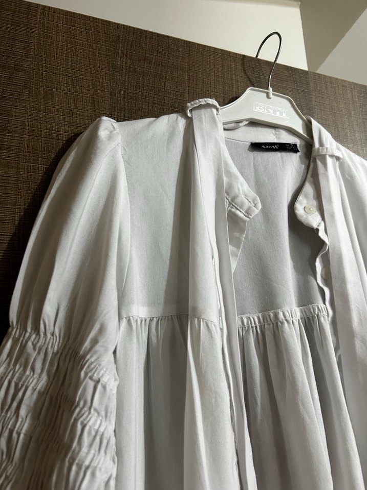 Beyaz Keten Hamile Bluzu, Fırfırlı, Bohem - Görsel 2