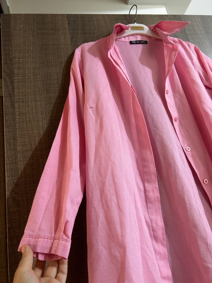 Pembe Uzun Keten Gömlek - Görsel 3