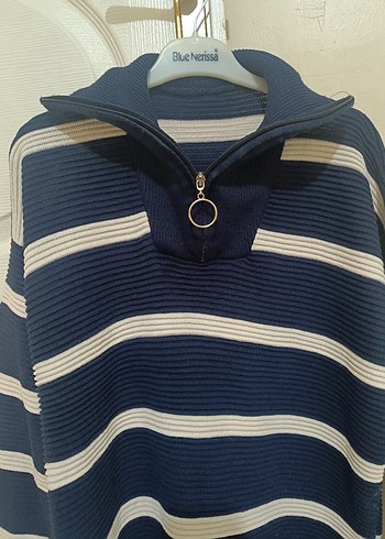 Çizgili lacivert Beyaz  Kadın Triko Kazak - Görsel 2