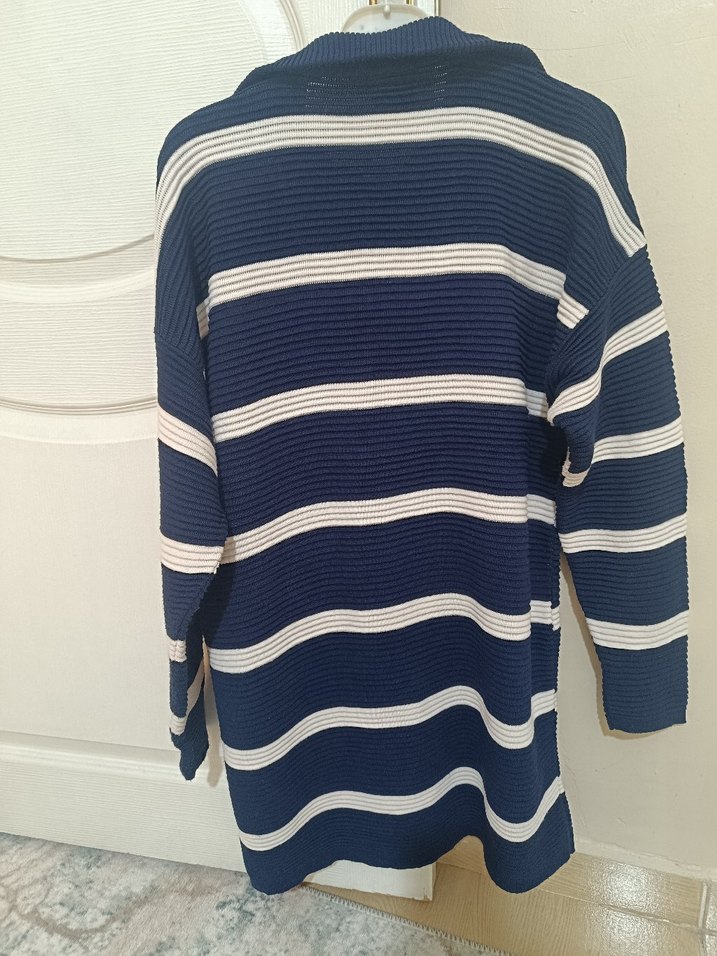 Çizgili lacivert Beyaz  Kadın Triko Kazak - Görsel 3