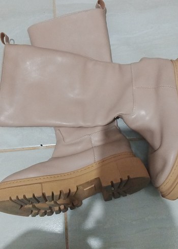 Bej Deri Kadın Dizüstü Bot Blok Topuklu - Görsel 5