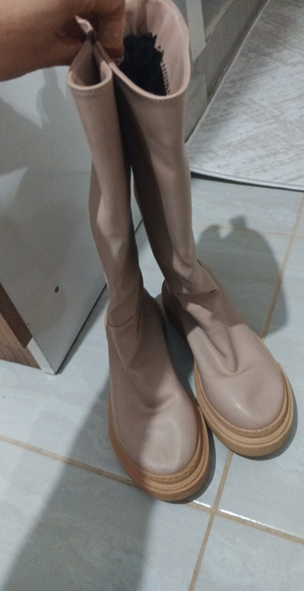 Bej Deri Kadın Dizüstü Bot Blok Topuklu - Görsel 2