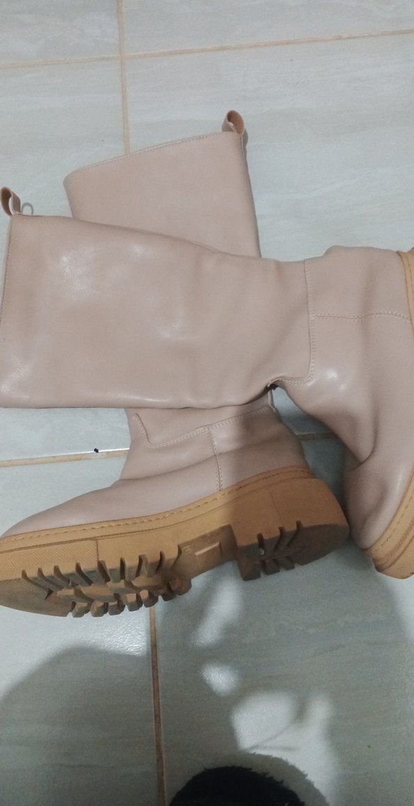 Bej Deri Kadın Dizüstü Bot Blok Topuklu - Görsel 5