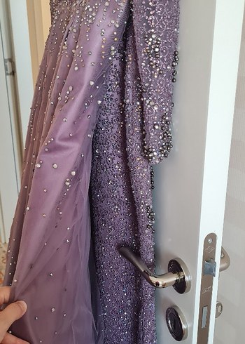 Uzun Kollu Mor Drapeli Nişan Elbisesi - Görsel 6