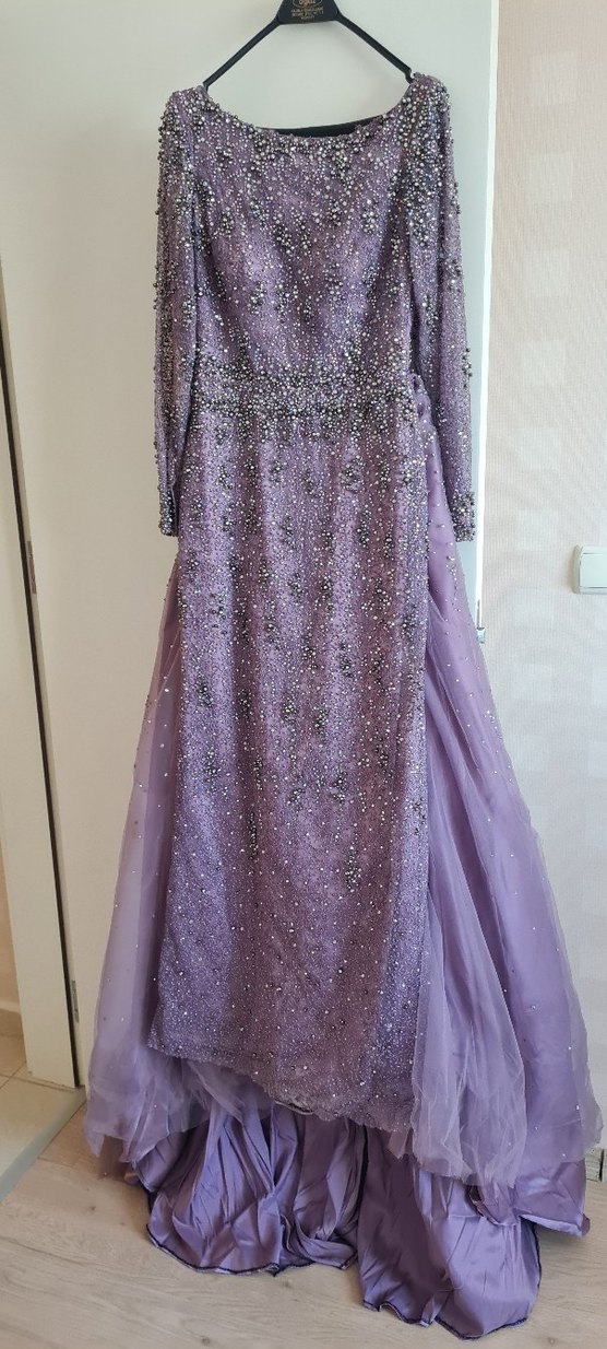 Uzun Kollu Mor Drapeli Nişan Elbisesi - Görsel 3