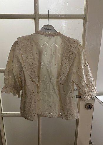 Bej Dantel Nakışlı Keten Bluz - Görsel 6