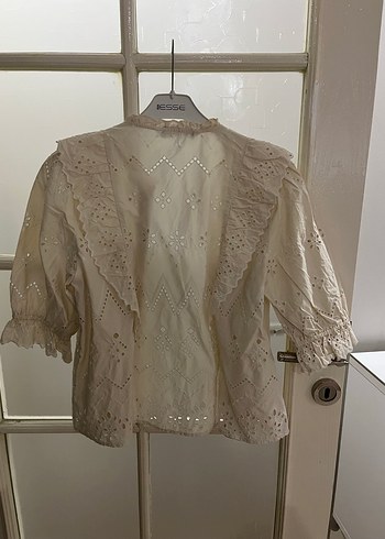 Bej Dantel Nakışlı Keten Bluz - Görsel 5