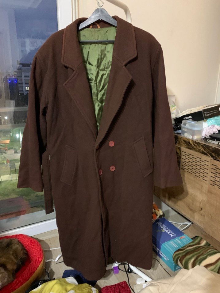 Kahverengi Kuşaklı Erkek Uzun Kaban - Görsel 3