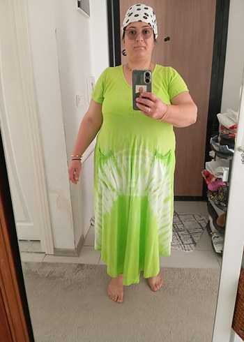 Yeşil Bağlama Desenli Salaş Hamile Midi Elbise - Görsel 5