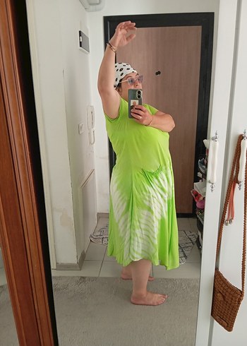 Yeşil Bağlama Desenli Salaş Hamile Midi Elbise - Görsel 7