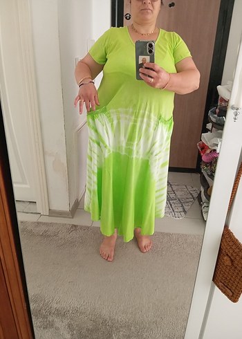 Yeşil Bağlama Desenli Salaş Hamile Midi Elbise - Görsel 6