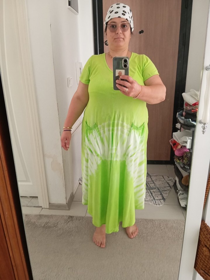 Yeşil Bağlama Desenli Salaş Hamile Midi Elbise - Görsel 5