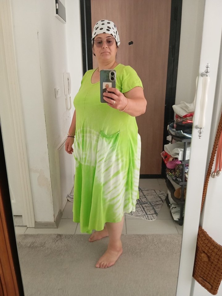 Yeşil Bağlama Desenli Salaş Hamile Midi Elbise - Görsel 4