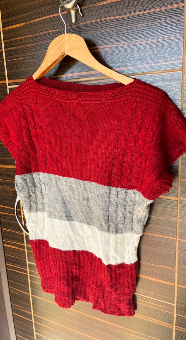 Kısa Kollu Kırmızı Gri Örgü Kadın Kazak - Görsel 2