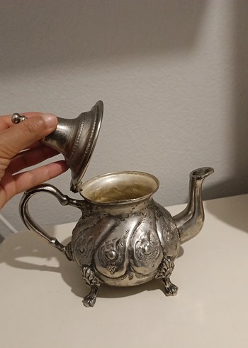 antika Fas Parlak Beyaz Desenli Çaydanlık - Görsel 7