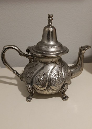 antika Fas Parlak Beyaz Desenli Çaydanlık - Görsel 5