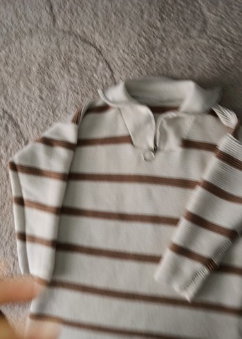 Bej Çizgili Kısa Kollu Triko Kazak - Görsel 8