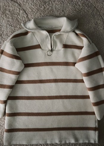 Bej Çizgili Kısa Kollu Triko Kazak - Görsel 9